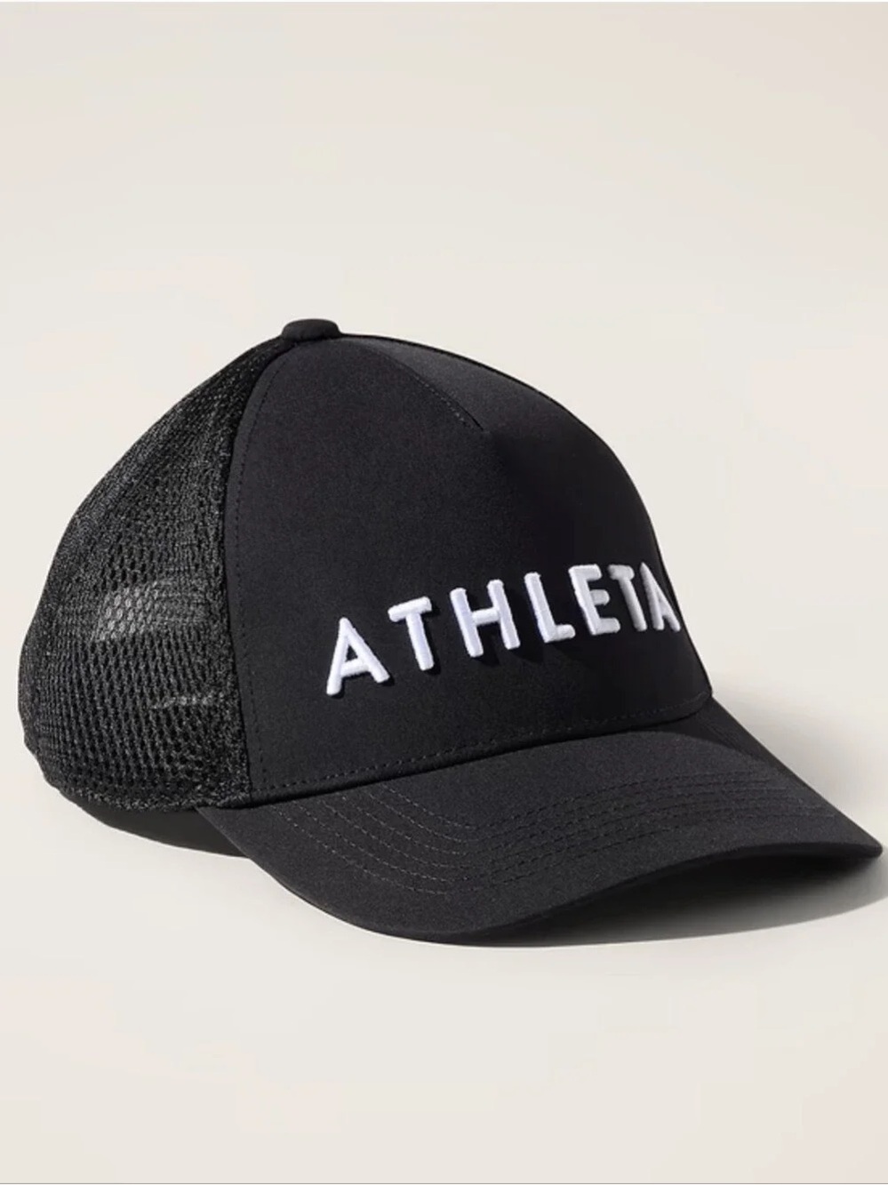 ATHLETA Black Mesh Back Logo Trucker Hat